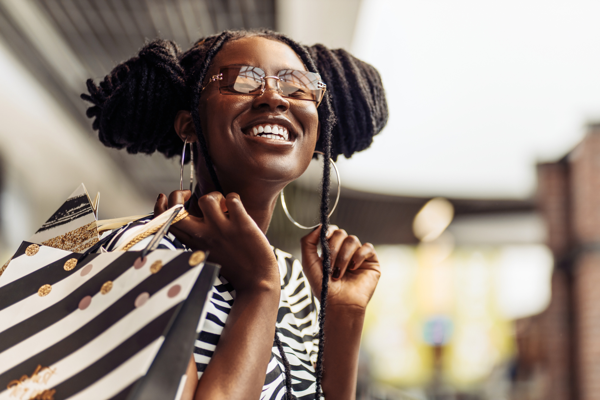 Smiling Young Black Woman, Holding Shopping Bags, Shopping Mall